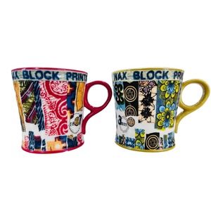 Pair of Anthropologie Mugs Veritable Wax Block Prints Floral Mug Flowers